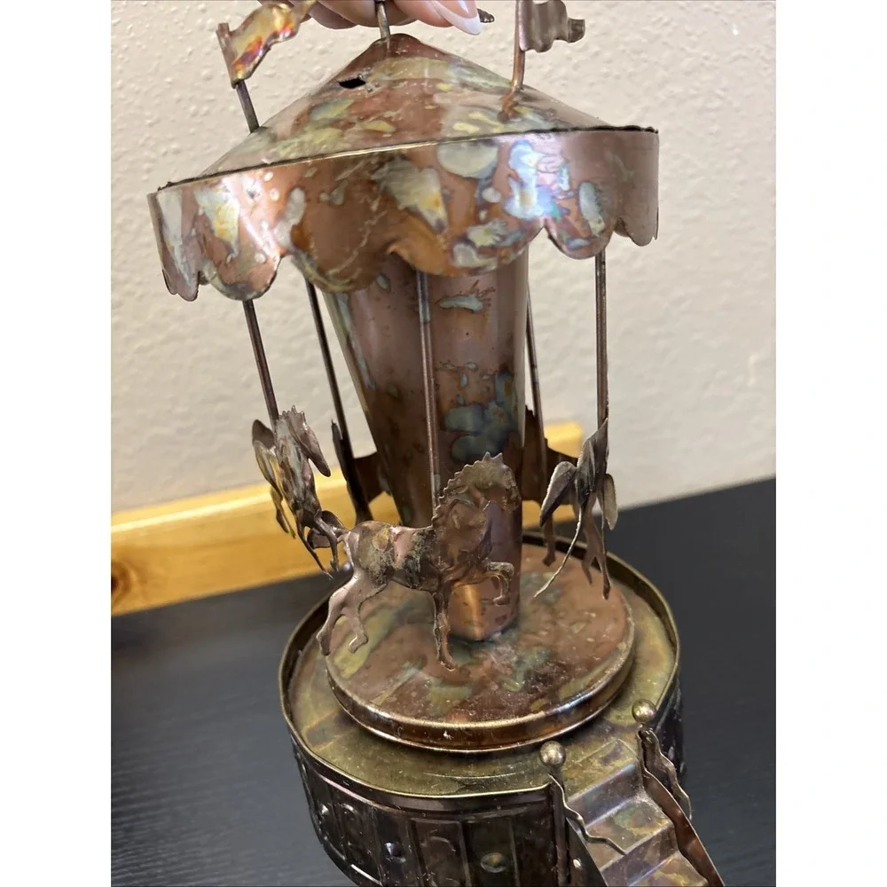 Vintage Copper Wind-Up Musical Carousel Horses 1960s MCM Works